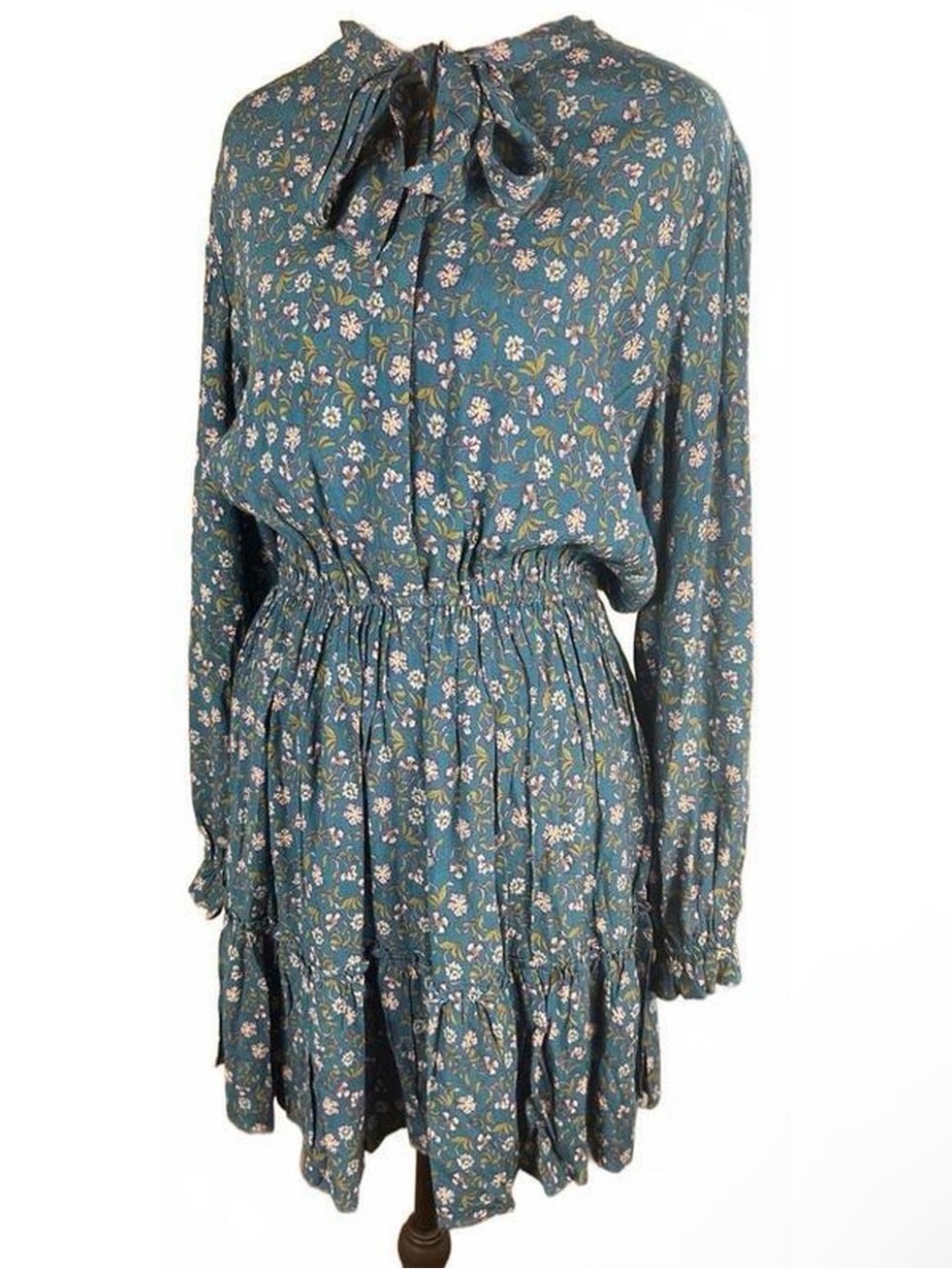 Hermoza Teal Floral Tie-Neck Midi Dress